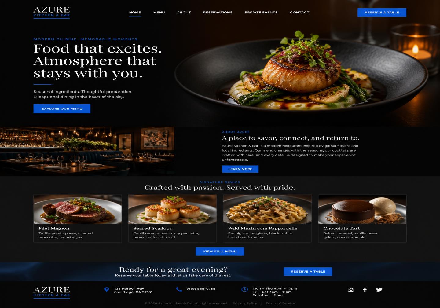Ejemplo de página web de restaurante vista en computador